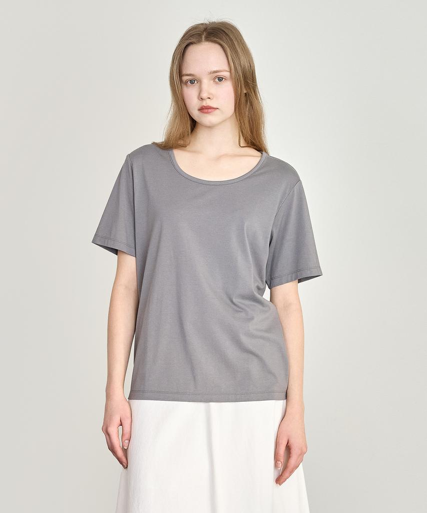 BASIC HOUSE Women'S U-Neck Oversized Stretch Short Sleeve T-Shirt Dark Gray Lats0210
