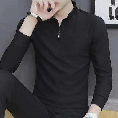 Men's Slim Fit Long-Sleeve Polo Top with Stand Collar and Zipper - Spring/Autumn Trend