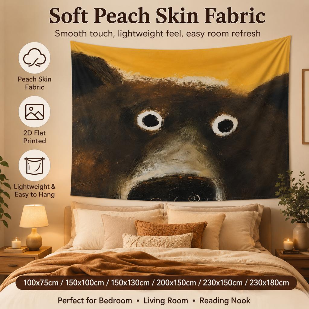 Funny Bear Face Tapestry 2D Flat Printed Peach Skin Wall Hanging Quirky Animal Backdrop for Dorm Living Room Bedroom Decor