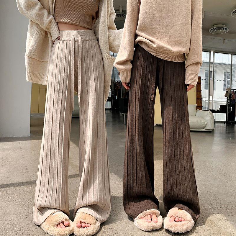 Knitted Glutinous Rice Pants for Autumn Winter New Pleated Wide Leg Pants, High Waist Hanging Straight Leg Casual Floor Pants