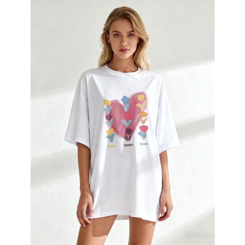 Oversize Women's Short-Sleeve T-Shirt with Pink Heart, Colorful Flowers and "Hpsom flower" Print