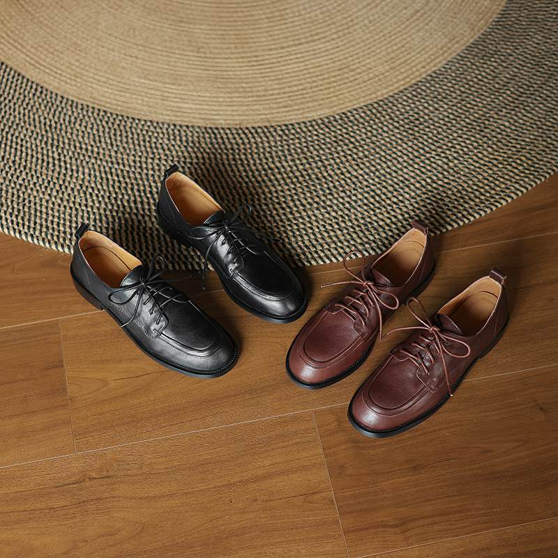 Krazing Pot Cow Skin Autumn Winter Brogues Shoes Lace Up Low Heels Size 42 Round Toe Oxford Shoes Deep Mouth Pumps