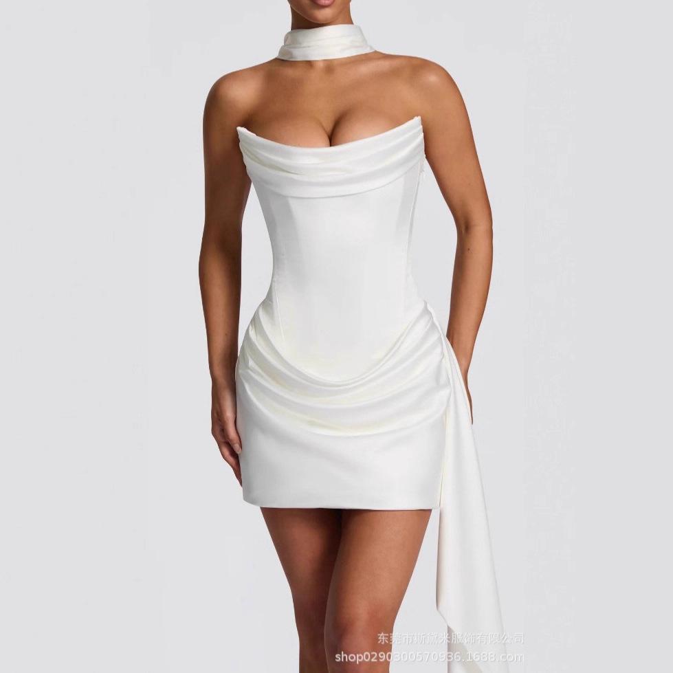 Women Halter Neck Sleeveless Ruched Bodycon Dress Solid Color Sexy Mini Dress XS