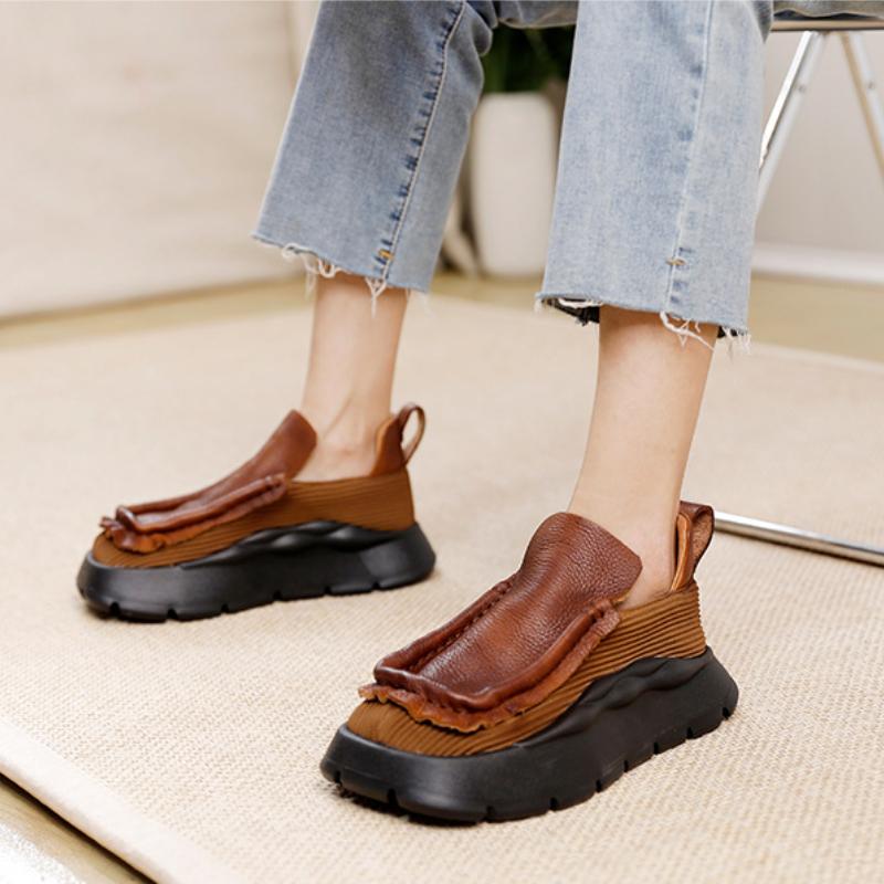 Johnature Vintage Flat Platform Shoes Women Handmade Round Toe Solid Color Comfortable Thick Sole Slip-on Shoes