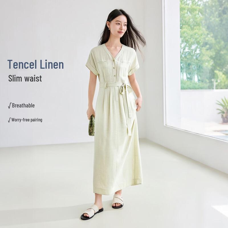 IHIMI Women s Lyocell Linen Texture V-Neck Dress L
