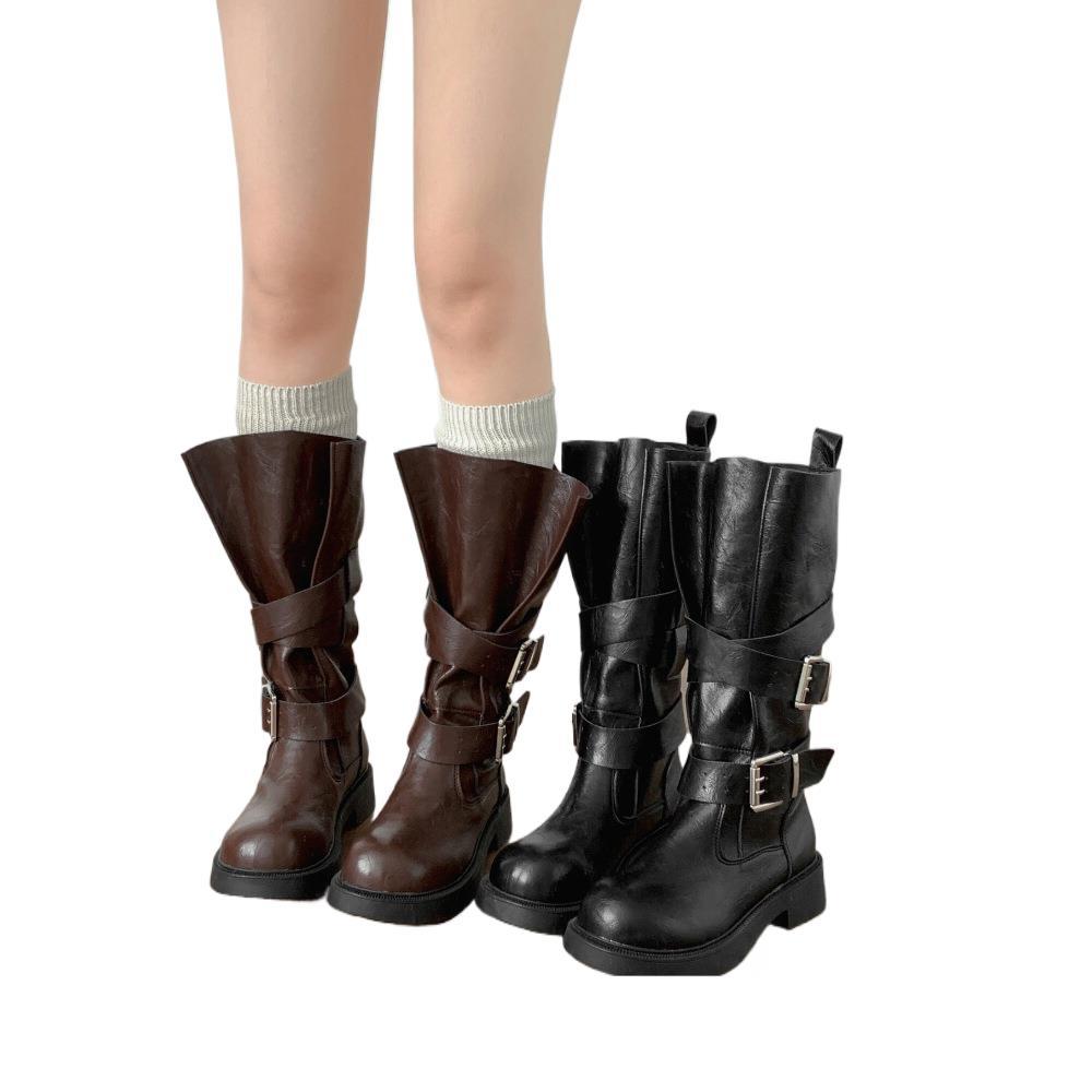 Queen Fan Brown British Thick Heel Boots Children's Boots 2025 New Autumn Height Increasing Knight Boots