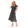 Flounce Sleeves Crew Neck Belted Floral Patterned Long Viscose Dress