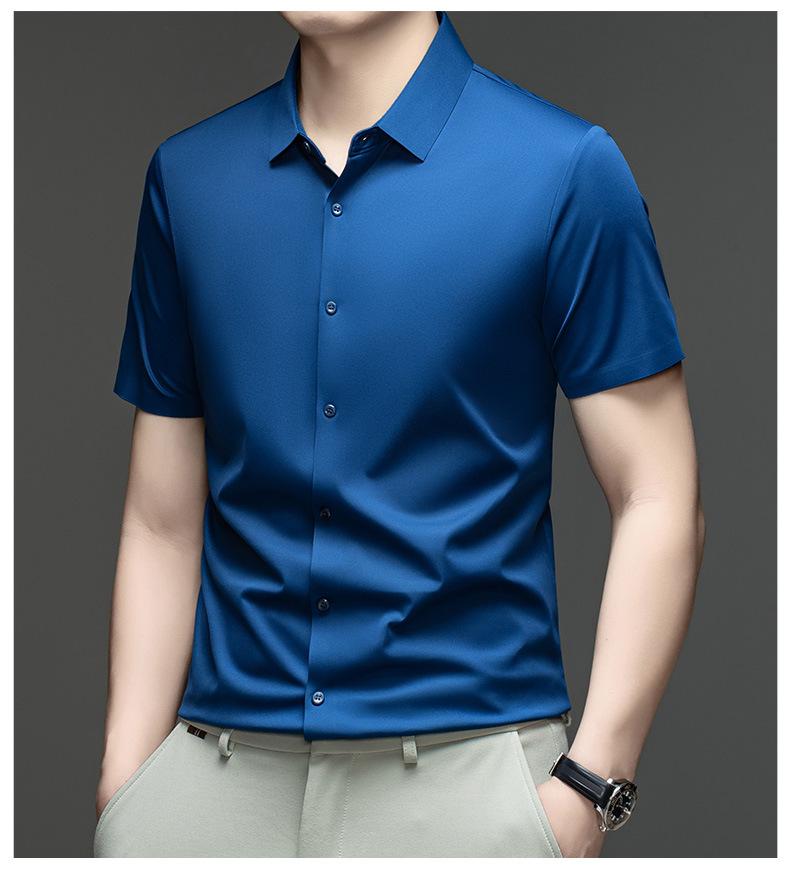 Pánská letní bezešvá košile s krátkým rukávem z ledového hedvábí - Prodyšná, jednobarevná, Business Casual, s krátkým rukávem.