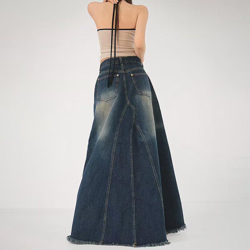 Women's Washed Fishtail Denim Skirt: Distressed High-Waist, Split Design, Raw Edge, Slimming, Long Skirt (2026 New).