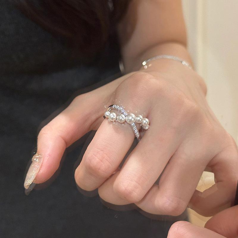 Retro Silver Bow Love Flower Pearl Open Ring Simple Index Finger Ring Versatile Jewelry Women