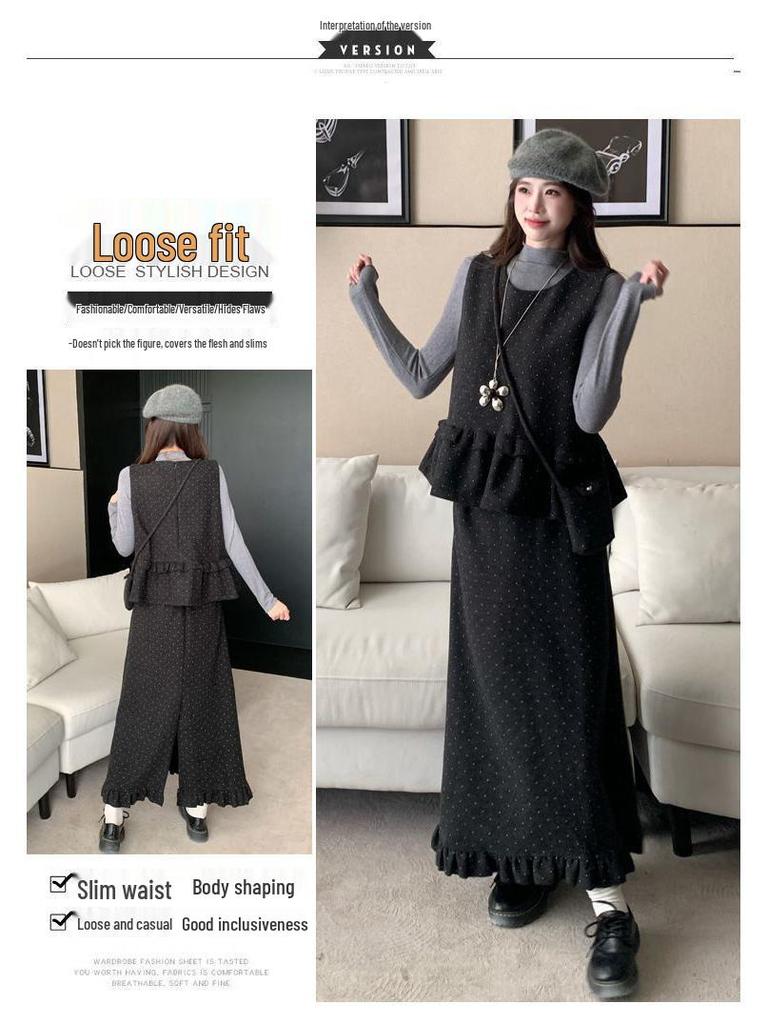 Elegant Retro Polka Dot Three-Piece Set: Vest, Base Layer, Slimming Skirt - Korean Style Autumn/Winter Fashion