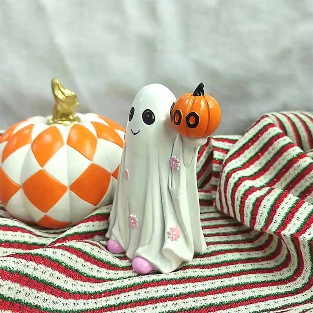 Cartoon Ghost Hold Pumpkin Sculpture Mini Resin Ghost Ornament Halloween Ghost Figurine  Desktop