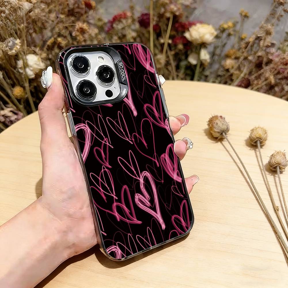 Cute Pink Love Heart Phone Case For iPhone 17,16,15,14,13,12,11 Plus,Pro Max,XS,Colorful Silver Black Cover