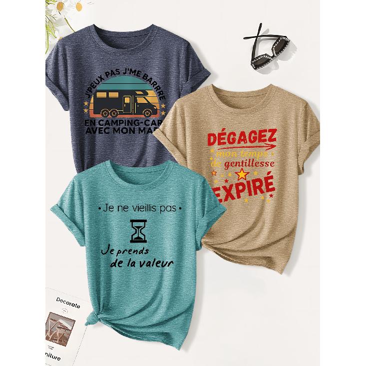 3 Pack of women's summer tops | Sarcastic and tongue-thwarting French print T Shirt | Cute and trendy casual round-neck short-sleeve suit | 2026