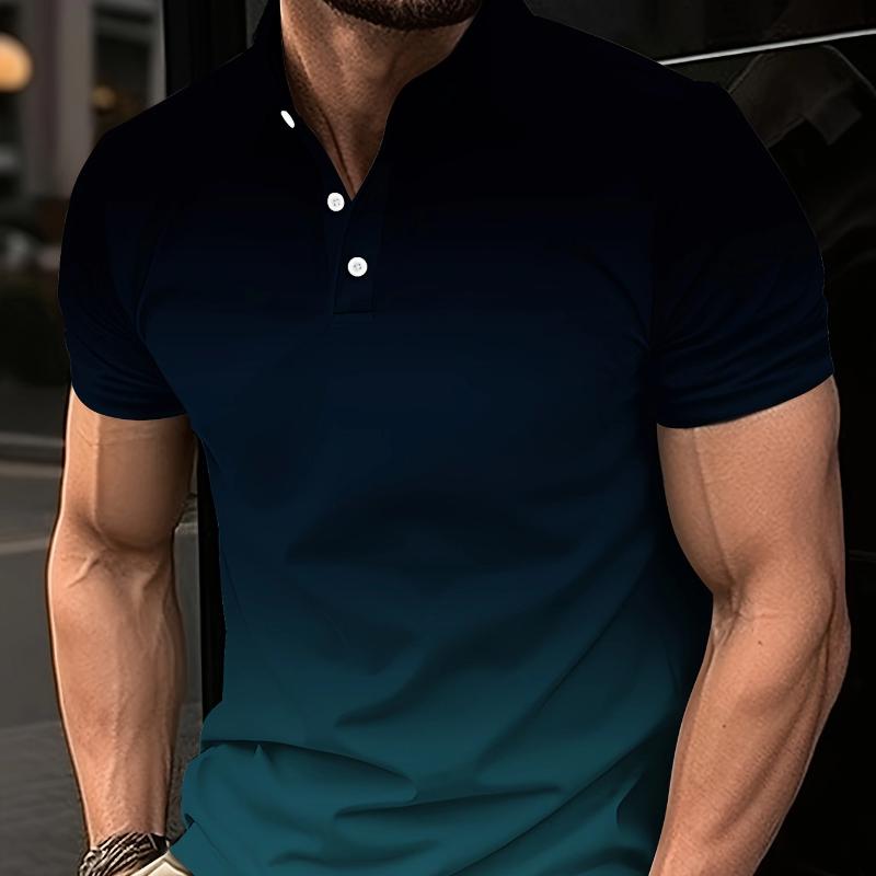 Men's Fashion Gradient Color Polo Shirt Lapel Golf Shirt Short Sleeve Printed Button Clothing Fashion Design Casual Breathable