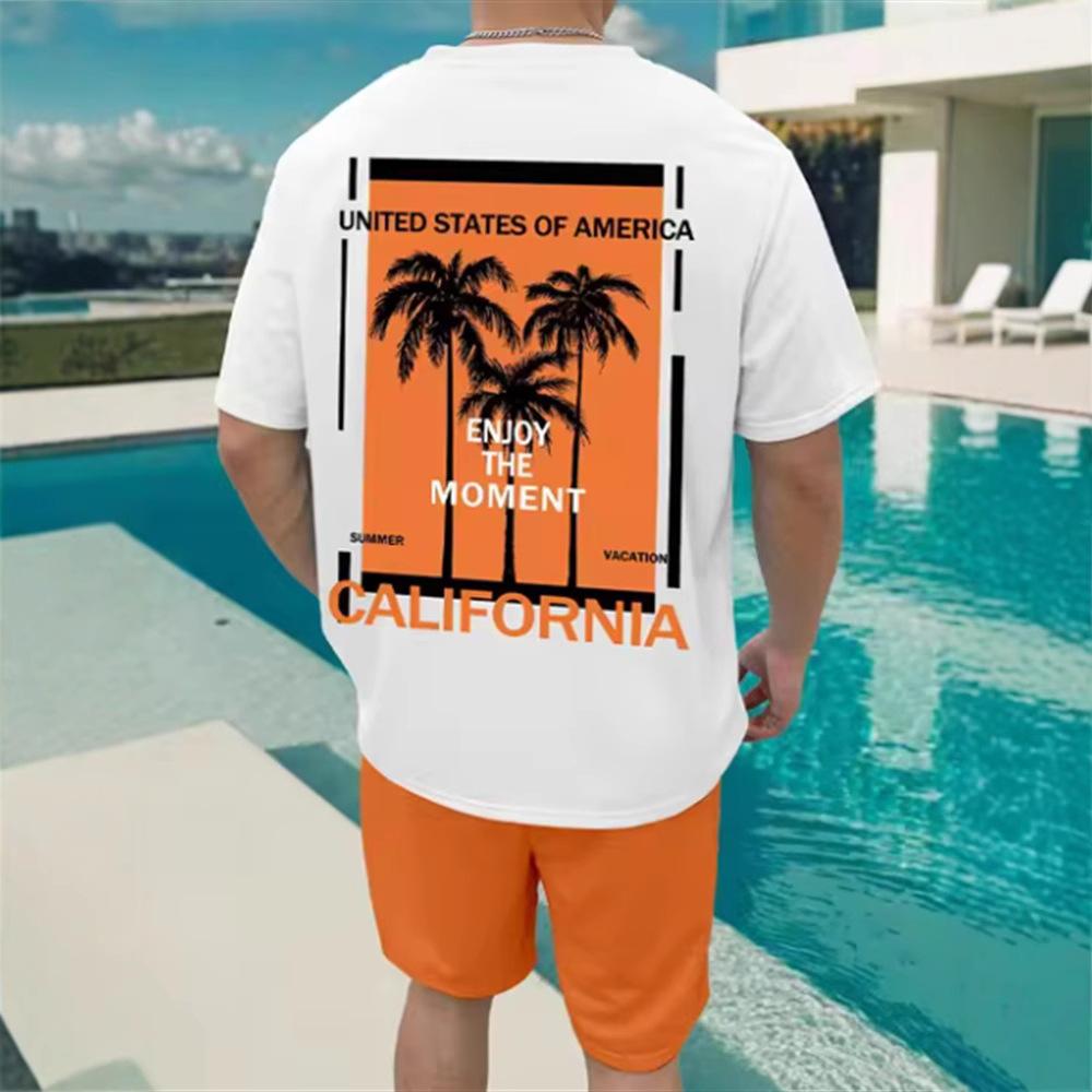 Verão Manga Curta Shorts Férias na Praia Casual Estampa 3D de Palmeira de Coco Conjunto de Praia Roupa Esportiva Masculina