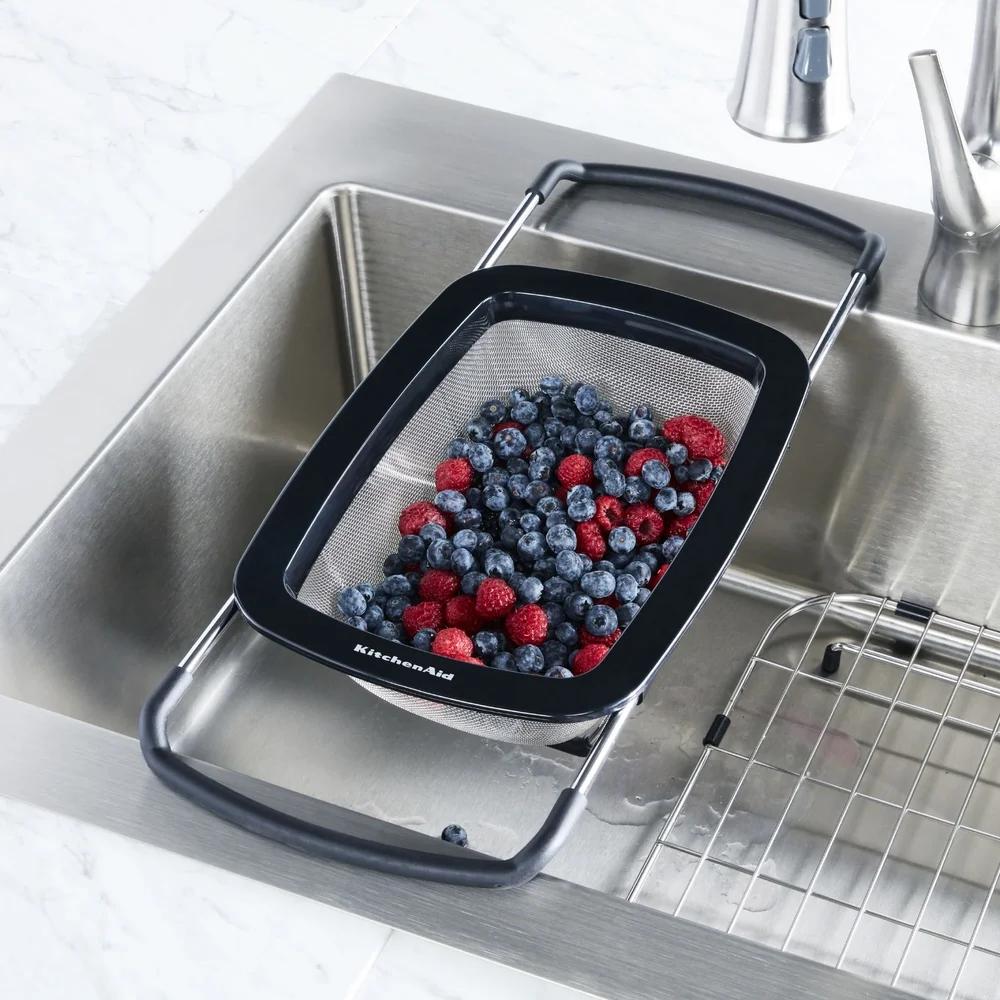 Stainless Steel Expandable Colander Over Sink Strainer Non Slip Feet Easy Clean Kitchen Tool Pasta Fruits Vegetables