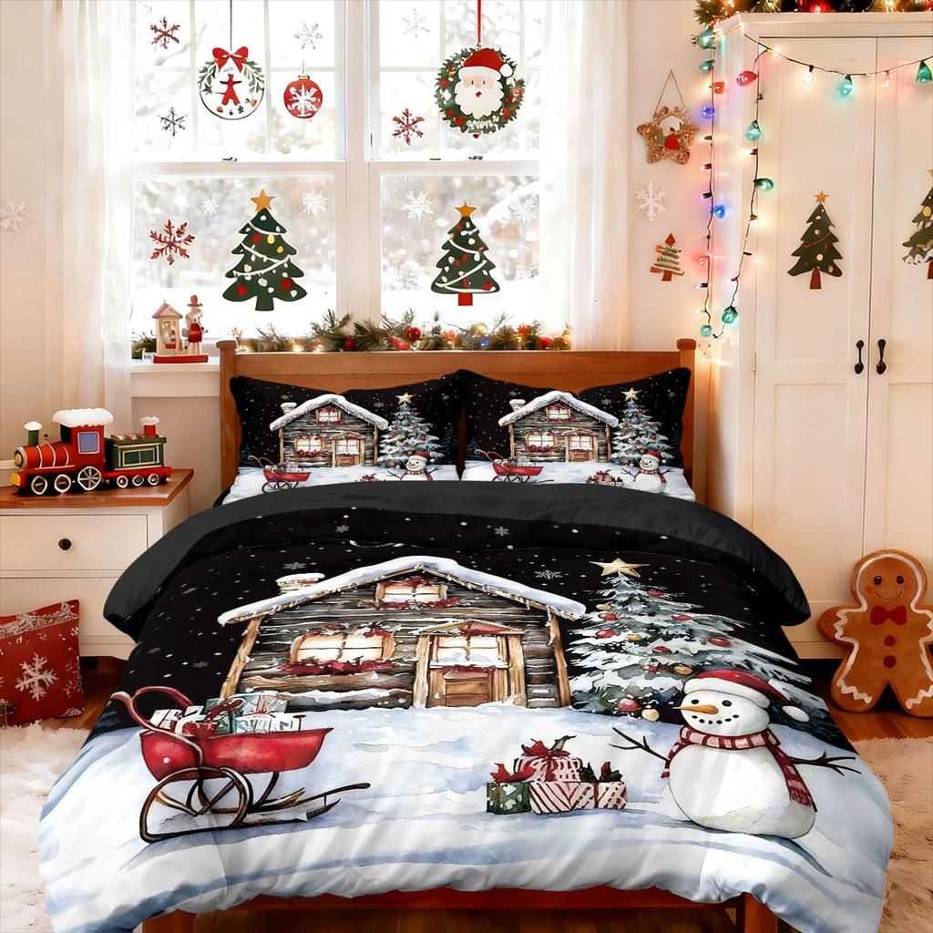3pcs Christmas cottage print coreless duvet set multi size bedroom bedding holiday decoration soft  machine washable
