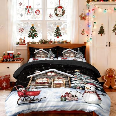 3pcs Christmas Cottage Print Coreless Duvet Set Multi Size Bedroom Bedding Holiday Decoration Soft  Machine Washable