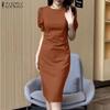 ZANZEA Women Casual Round Neck Zipper Short Sleeve Dresses