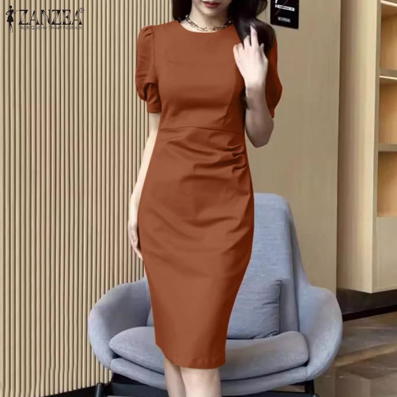 ZANZEA Women Casual Round Neck Zipper Short Sleeve Dresses