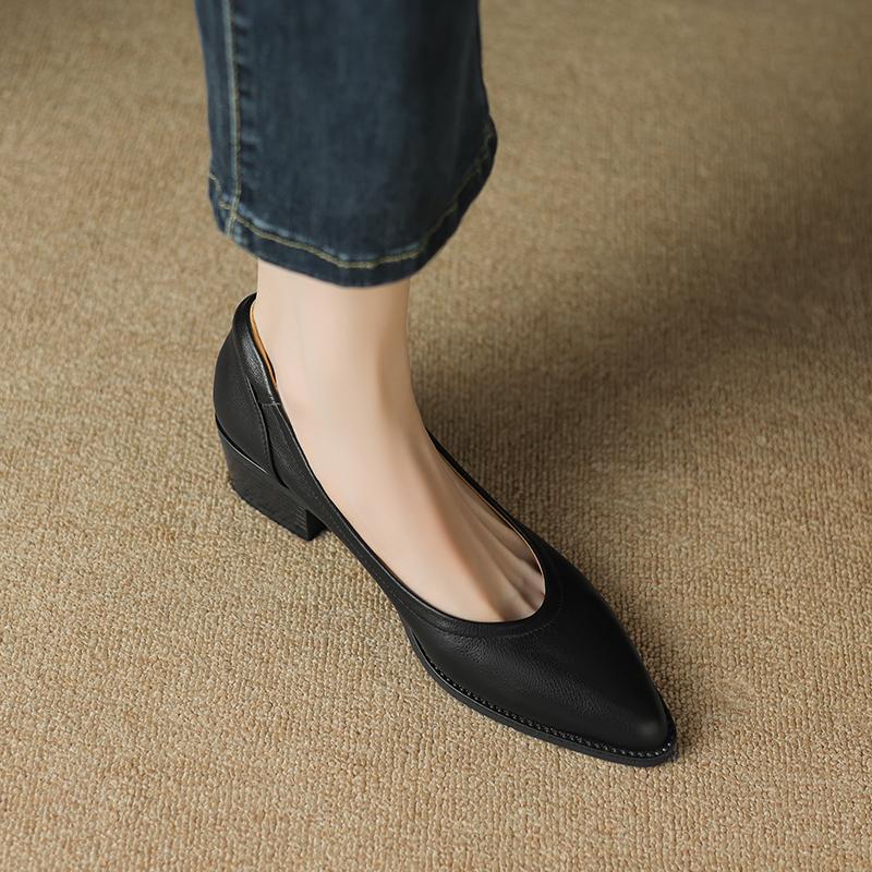 Fashion Kaky's New Pointed Cowhide Mid Heel Large Women's Singles, Casual Shoes, Work Shoes