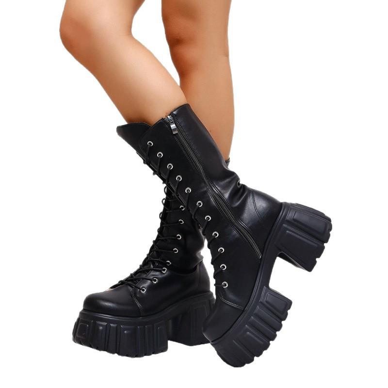 New European and American plus size punk locomotive boots female Internet celebrities handsome thick-soled metal tooling Martin medium tube military