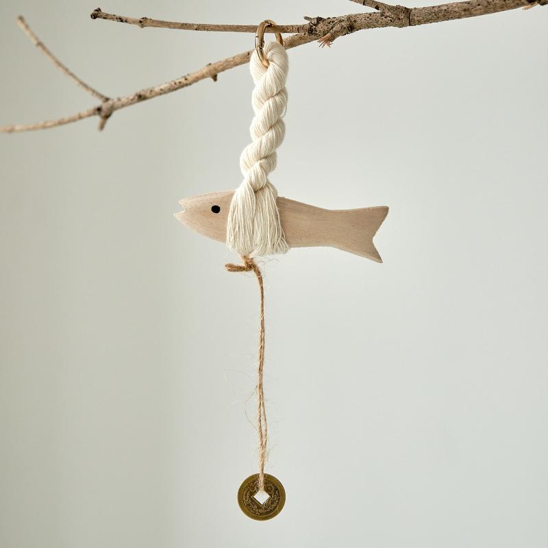 Hand Carved Solid Wood Fish Doorbell and Car Ornament Rustic Wall Decor Lucky Housewarming Gift for New Home