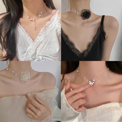 17KM 1pcs Artificial Pearl Butterfly Flower Necklace Collarbone Chain, The Best Gift for Family and Friends  for Women Jewelry Accessories