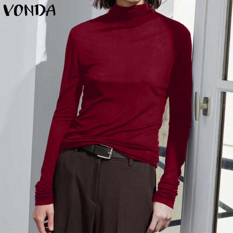 VONDA Women Casual High Neck Long Sleeve Fitted Warm Blouse Tops Undershirts