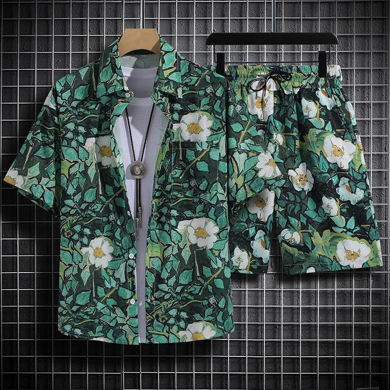 Herren Retro Blumen Kurzarm Hemd Set - Hainan Strandmode, Sanya & Hawaii Stil