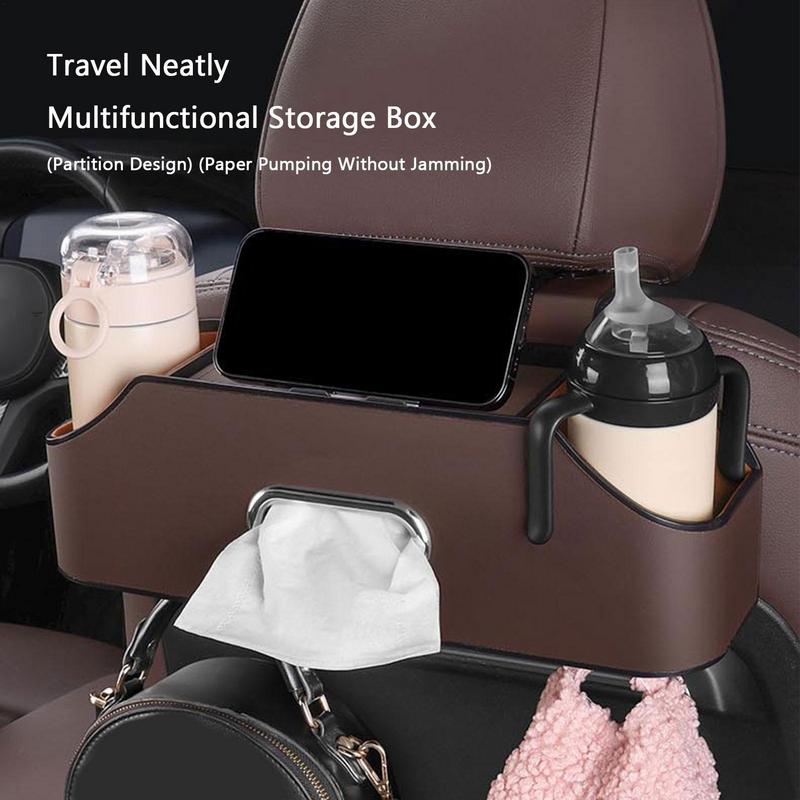 Car Backseat Organizers Backseat PU Leather Tissue Box With 2 Cup Holder Seat Organizer With Hook Multifunctional Car