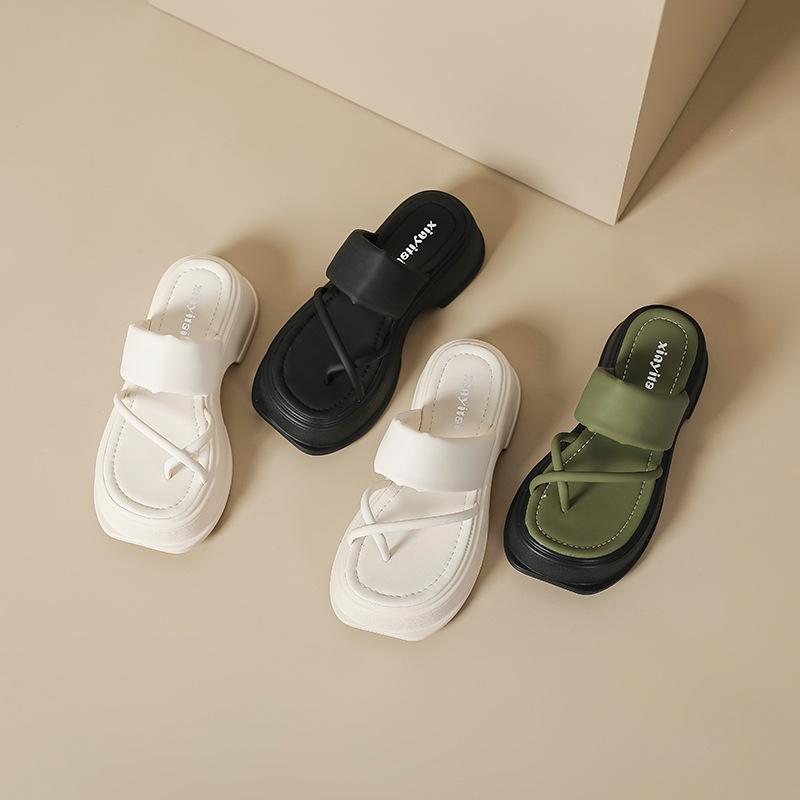 Sandalen Damen Sommer 2025 neue Plateau Zehenstegschuhe Muffin Schuhe [senfgrün chaosweiß]