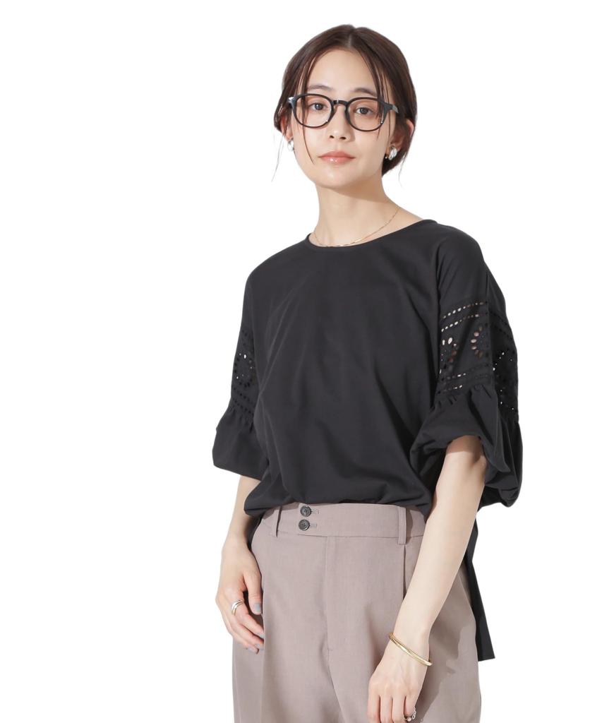 Nano Universe Floral Lace Top with Balloon Size F Women's Sleeves, Black, 010, 673-5124314