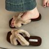 Retro Cross-strapped Fluffy Slippers Women's 2025 Autumn New Fashion Square Head Temperament Casual Open-toed Flat Slippers