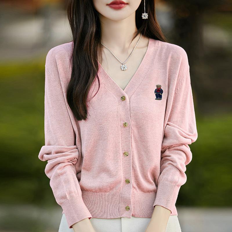 

Женский вязаный кардиган с вышитым медведем, осенний ленивый стиль, длинный рукав, V-образный вырез, трикотаж M розовый