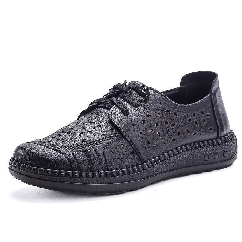 First layer cowhide summer new soft-soled mother shoes retro sandals women's hollow breathable thick-soled hole shoes