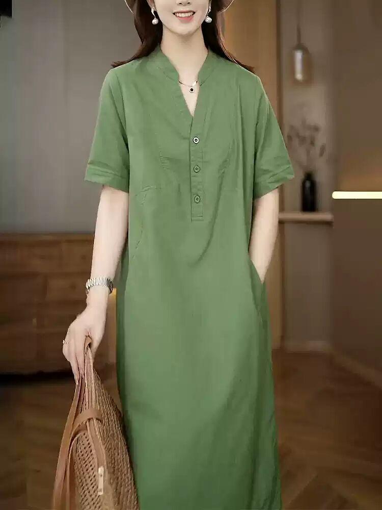 

Дышащее повседневное платье средней длины с коротким рукавом, лето 2025, новое, свободное и тонкое, с V-образным вырезом, из хлопка и льна M