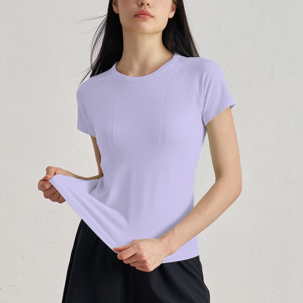 Women's Bare-Feel Yoga Top: Round Neck, Short Sleeve, Stretchy, Breathable, Seamless, Slim Fit for Pilates and Running.