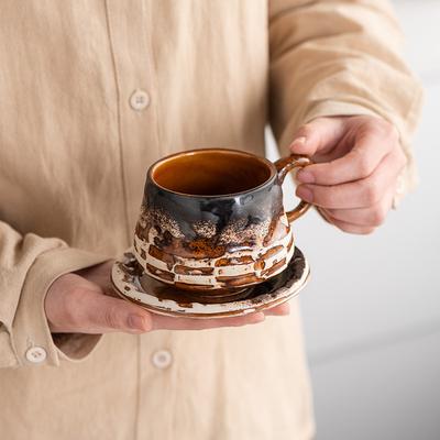 Ofenbrand Retro Alte Bambusseide Kaffeetasse und Untertasse Set Becher Grobkeramik Wasserbecher Keramiktasse Latte Nachmittagstee