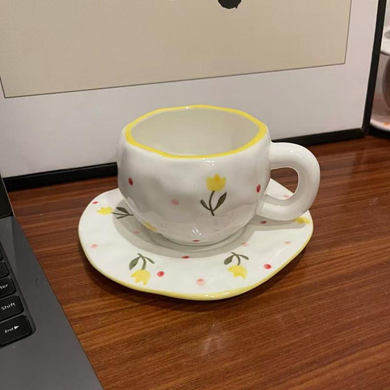 Korean Ins Style Hand-painted Love Ceramic Cup and Saucer Couple, Underglaze Color Irregular Coffee Cup and Saucer Afternoon Tea