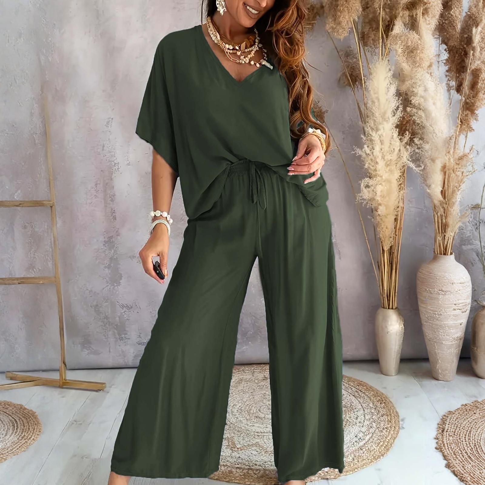 

Women V Neck Short Sleeve Wide Leg Pants 2 Piece Sets XL