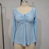 Women V Neck Drawstring Ruched Solid Color Loose Long Sleeve Casual T Shirt