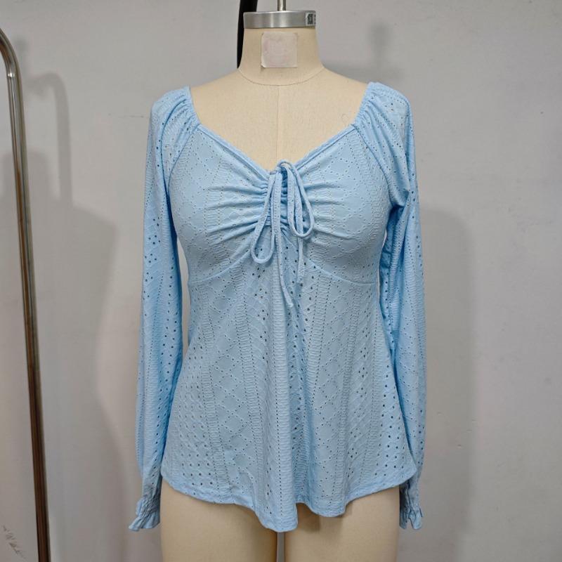 Women V Neck Drawstring Ruched Solid Color Loose Long Sleeve Casual T Shirt