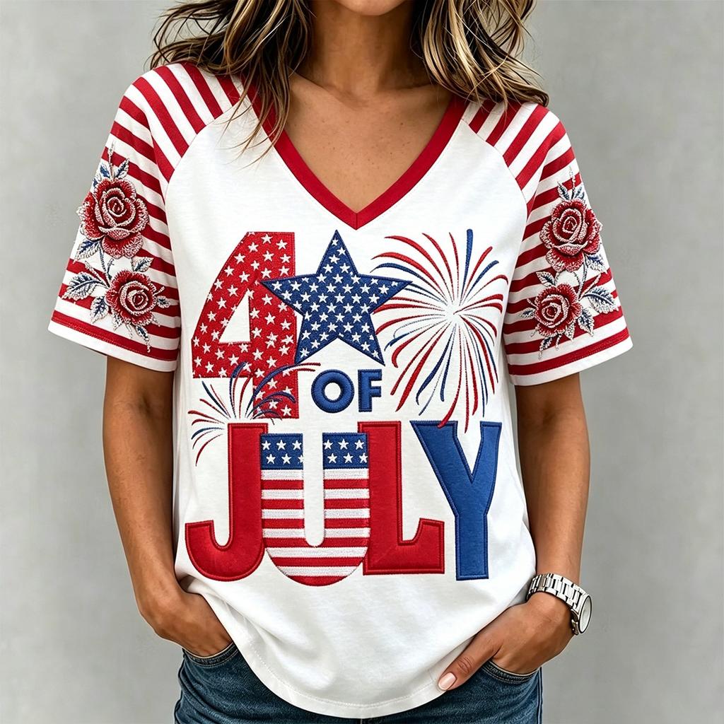 European and American Style Women's Clothing Casual V-neck Short-sleeved T-shirt D Digital Printing Source Wholesale