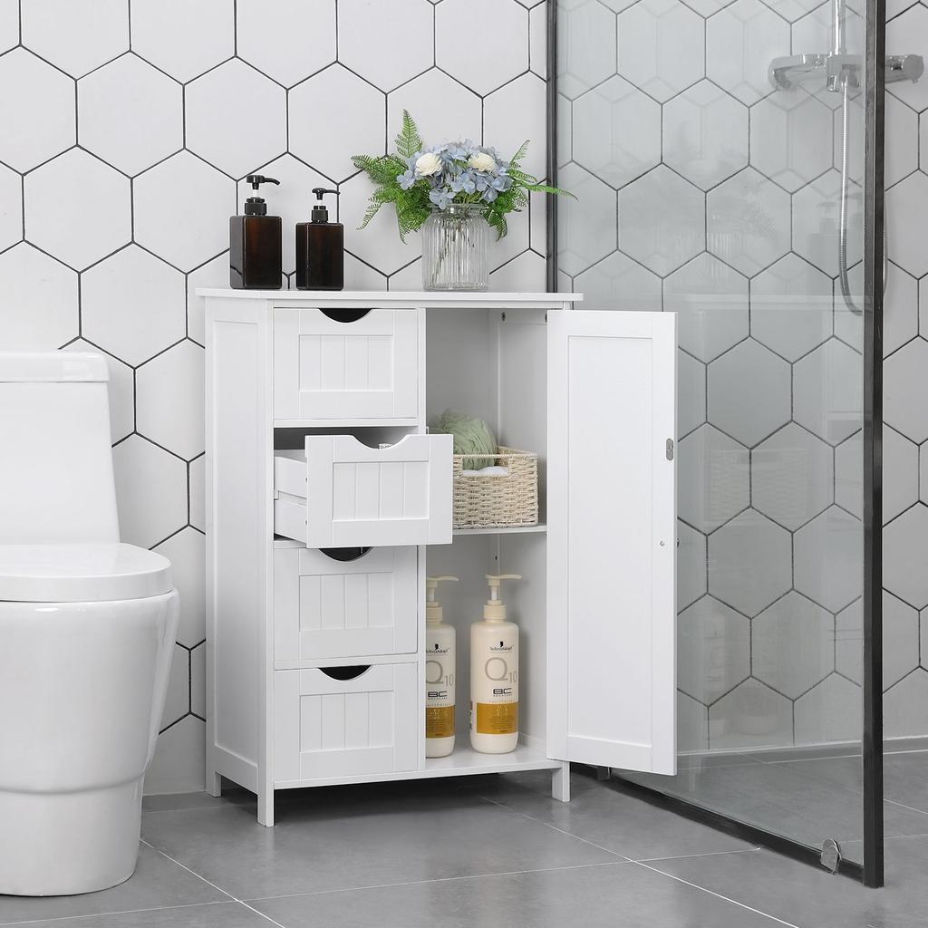 VASAGLE Bathroom Floor Storage Cabinet, Wooden Storage Unit with 4 Drawers, Single Door, Adjustable Shelf, for Living Room, Kitchen, Entryway, White