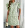 Women Summer Vintage Dresses Textured Jacquard Round Neck Bubble Sleeve New Style