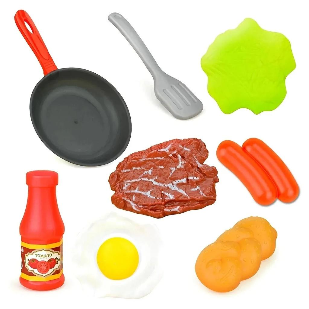 8Pcs Kids Kitchen Play Food Set - Pretend Cookware With Steak, Vegetables, Bread & Hot Dog For Toddler Cooking Games