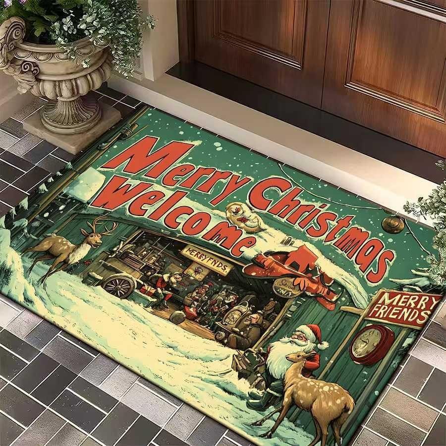 Christmas Themed Door Mat Merry Christmas Reindeer Snowflake Pattern Non Slip Rug For Front Door Entryway Christmas Party Decor