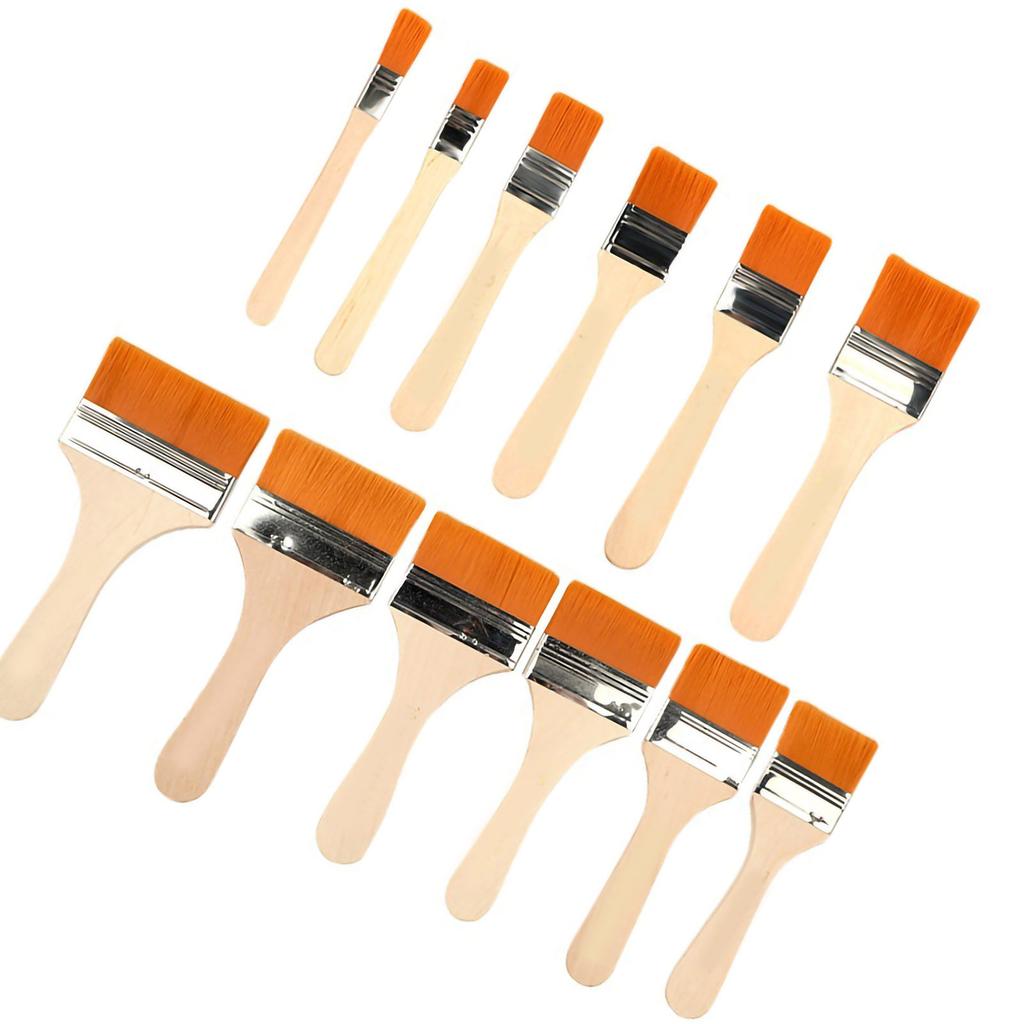 12PCS Flat Paint Brush Nylon Bristle Wooden Handle Aluminum Alloy Chip Paint Brush for BBQ Yellow 12PCS